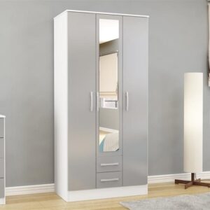 Lynn Mirrored Wardrobe With 3 Door In Grey And White High Gloss