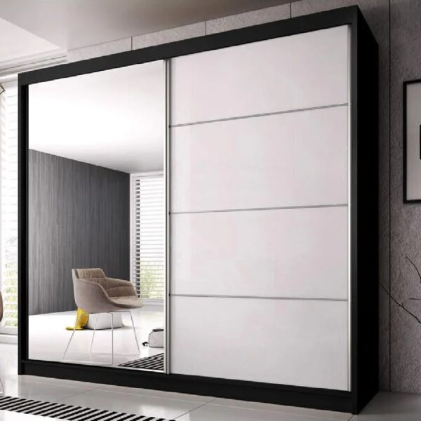 Mesa 183cm Mirrored Wardrobe And 2 Sliding Doors In Black White Gloss