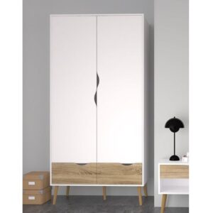Oklo Wooden Wardrobe With 2 Doors 2 Drawers In White And Oak