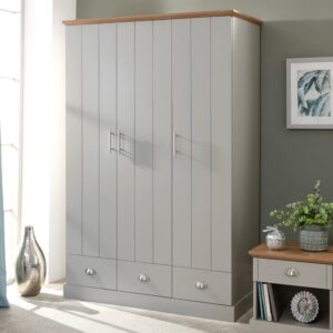 Kirkby Wooden Wardrobe With 3 Doors 3 Drawers In Grey And Oak