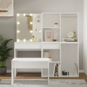Fiora Wooden Dressing Table Set In White With LED Lights